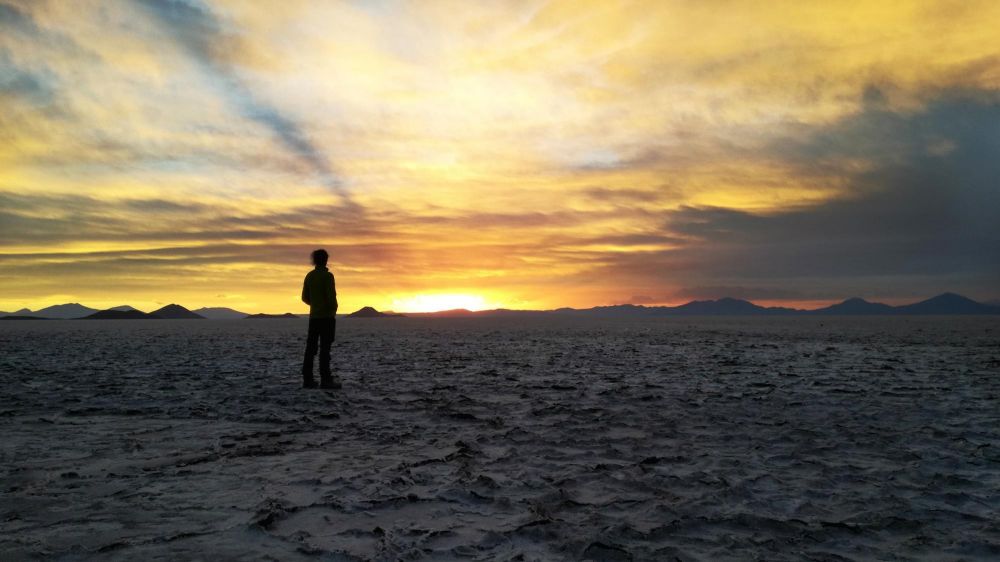 Coucher de soleil sur le salar d'Uyuni, Bolivie