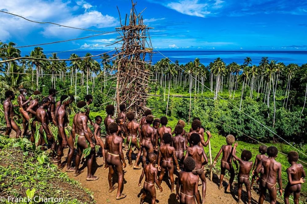 Saut du Gol, ou Saut du Nagol, rite traditionnel sur l'ile de Pentecote, pendant ce voyage au Vanuatu